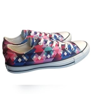 PINK and blue geometric pattern low top converse